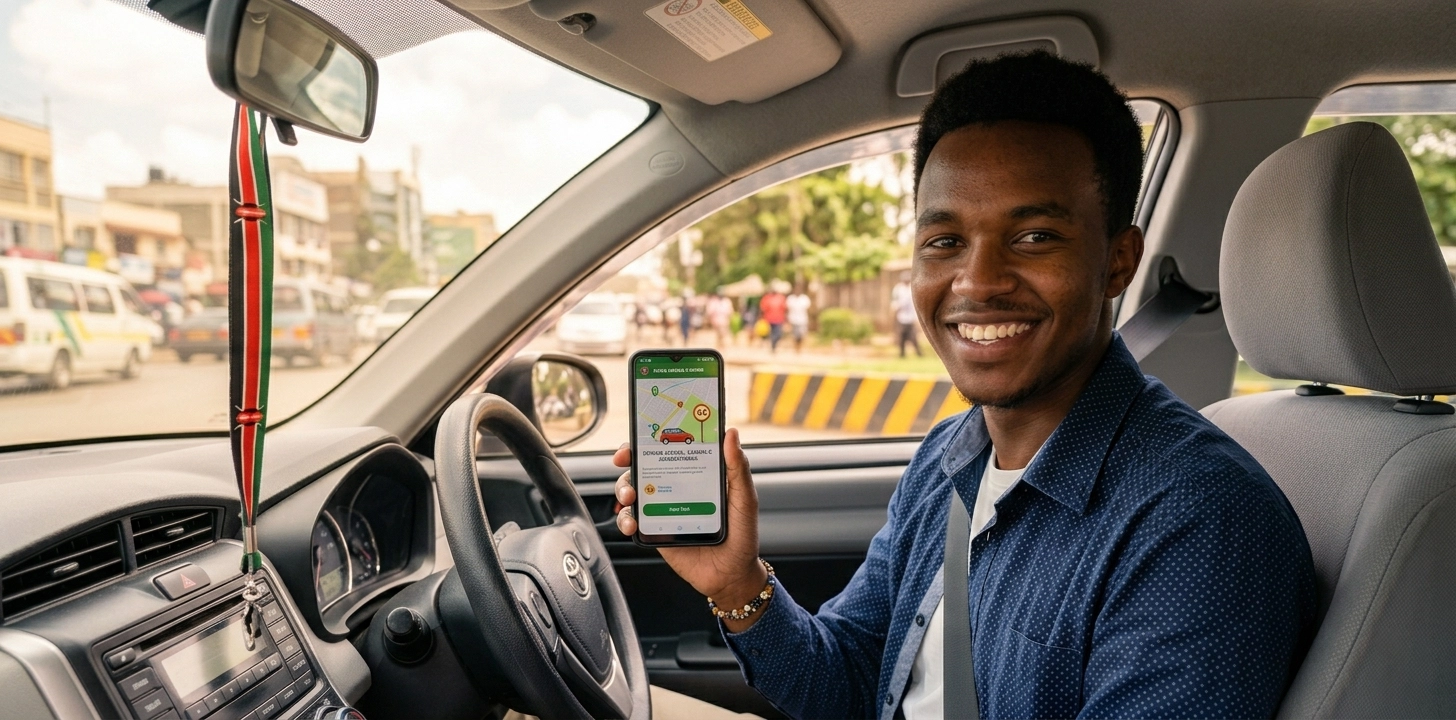 Greyscale with orange multiply: young Kenyan man holding phone showing AMDA dashboard