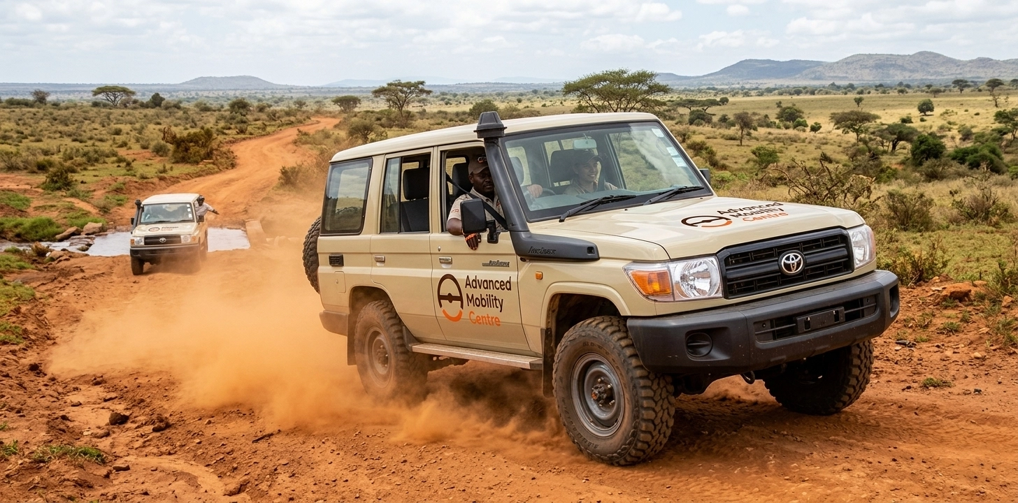 Greyscale with orange multiply: 4×4 on a Kenyan marram road