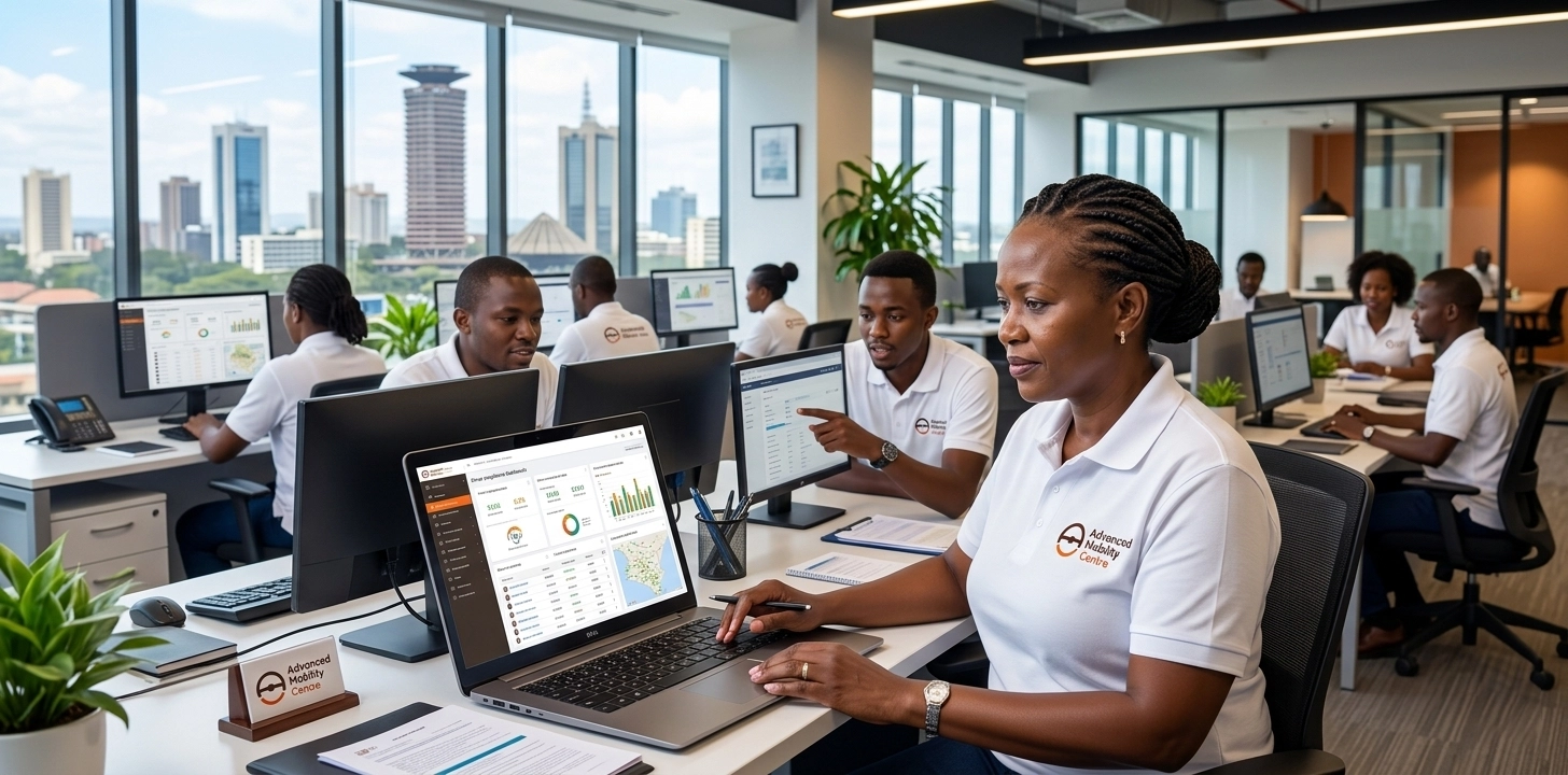 Greyscale with orange multiply: fleet manager reviewing driver compliance dashboard