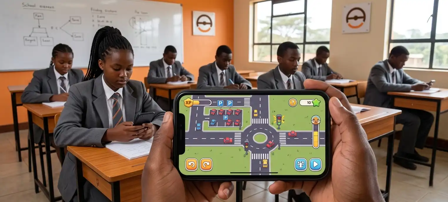 Greyscale with orange multiply: young learner using a gamified virtual model town app on a phone