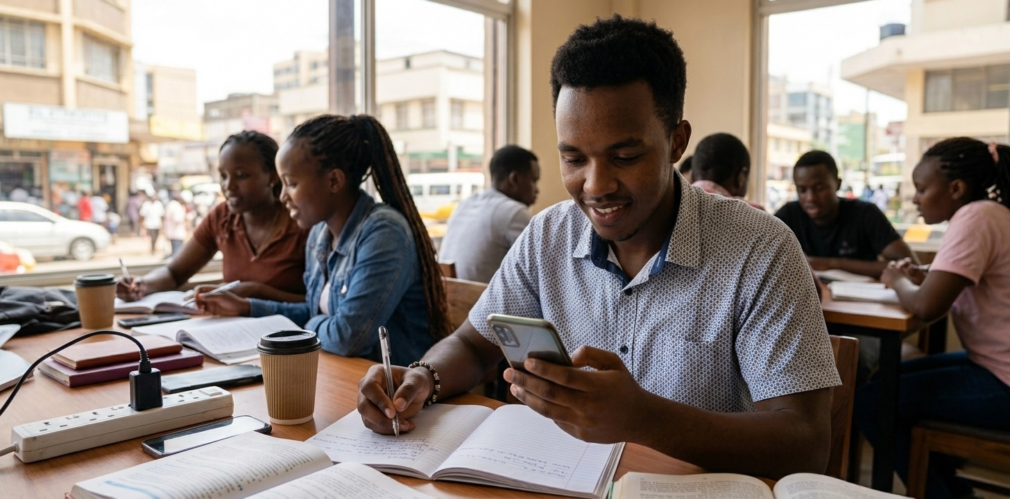 Greyscale with orange multiply: student studying NTSA theory on a phone