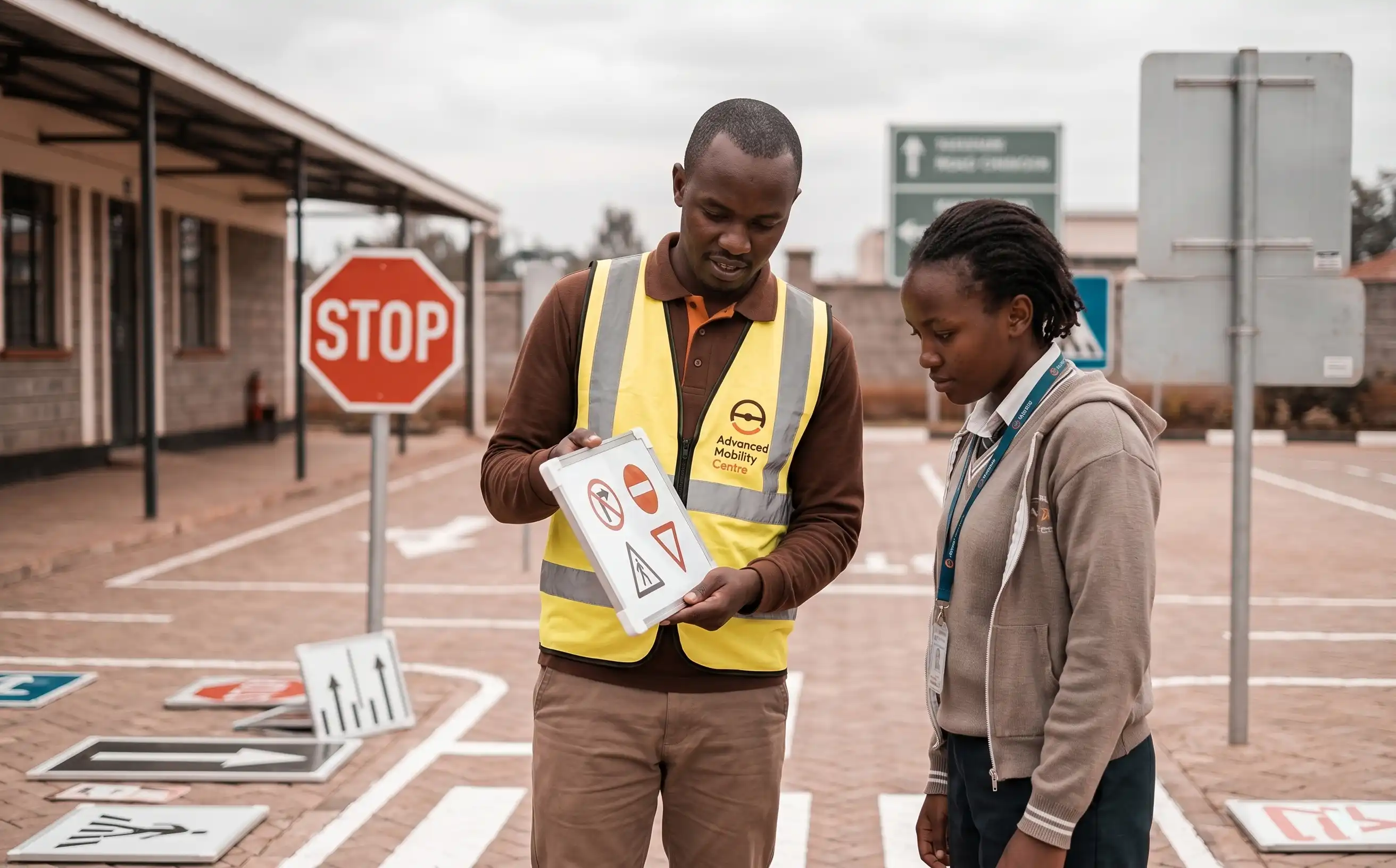 Greyscale with orange multiply: learner studying road signs with instructor