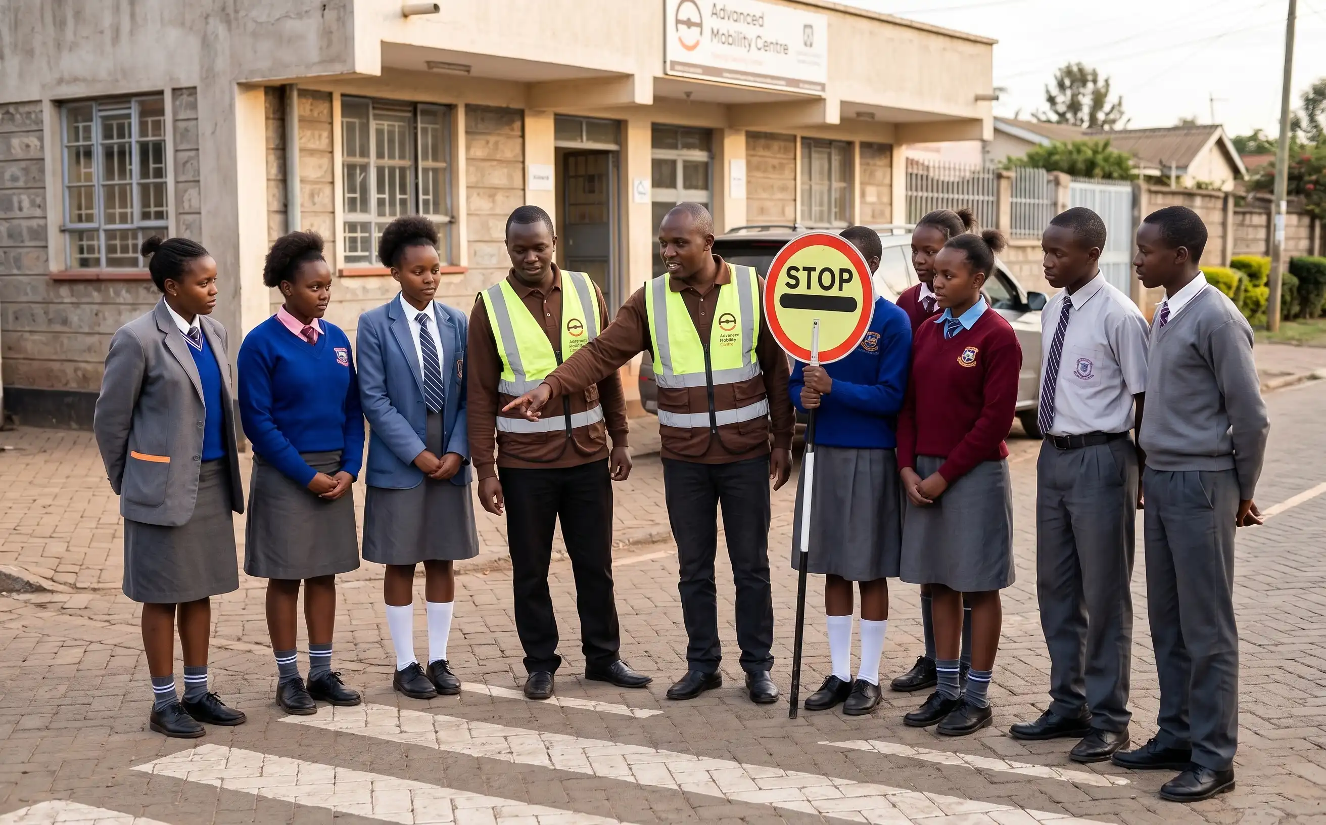 Greyscale with orange multiply: school students in a road-safety session with instructor