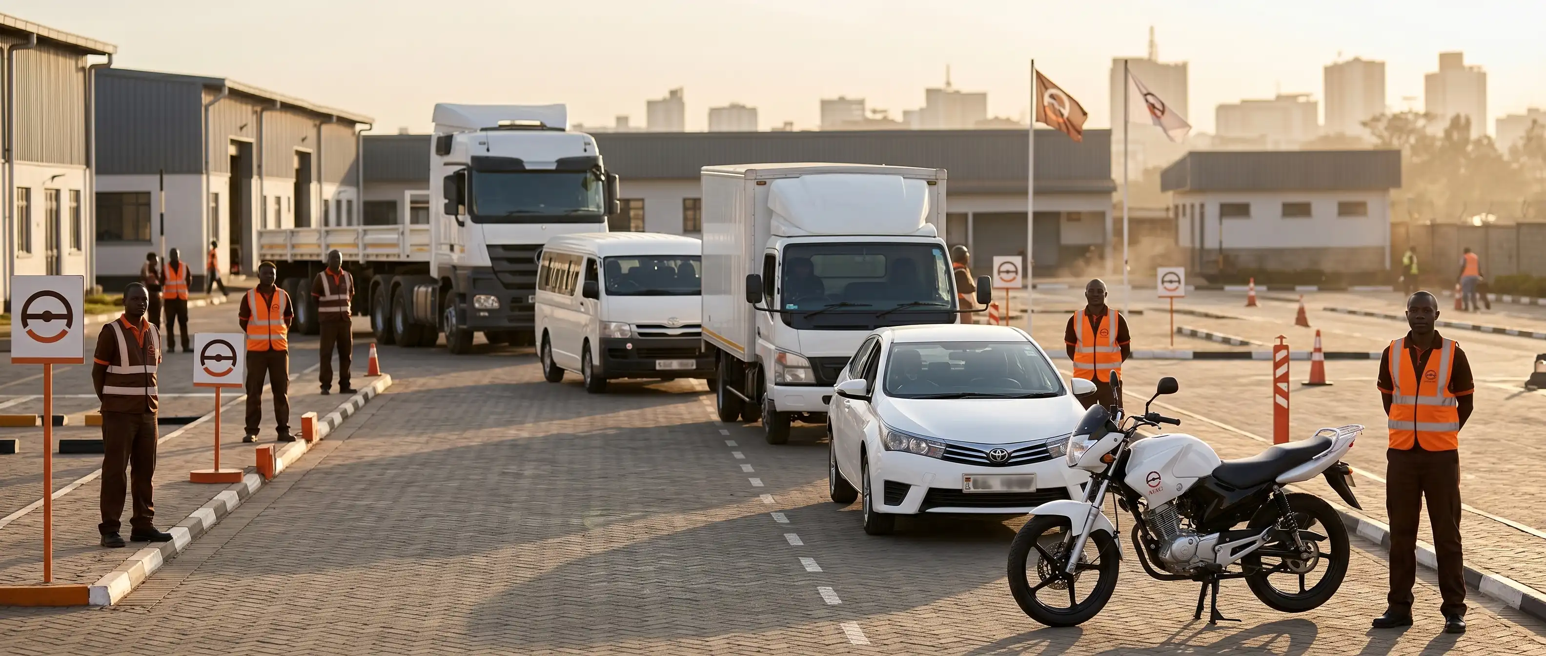 Advanced Mobility training yard with multiple Kenyan licence-class vehicles in depth