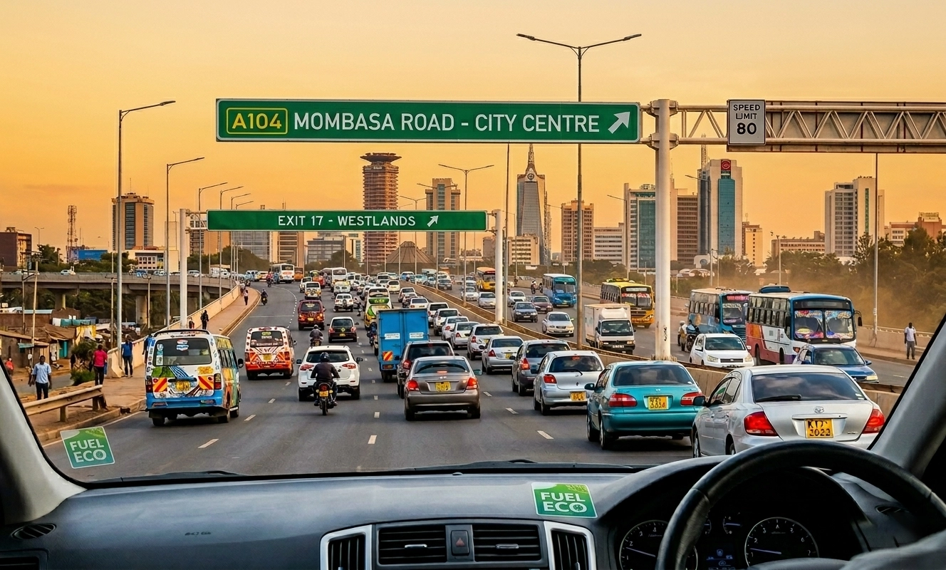 Greyscale with orange multiply: traffic on Mombasa Road